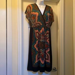 Paisley short sleeved boho jersey dress with faux wrap v-neck